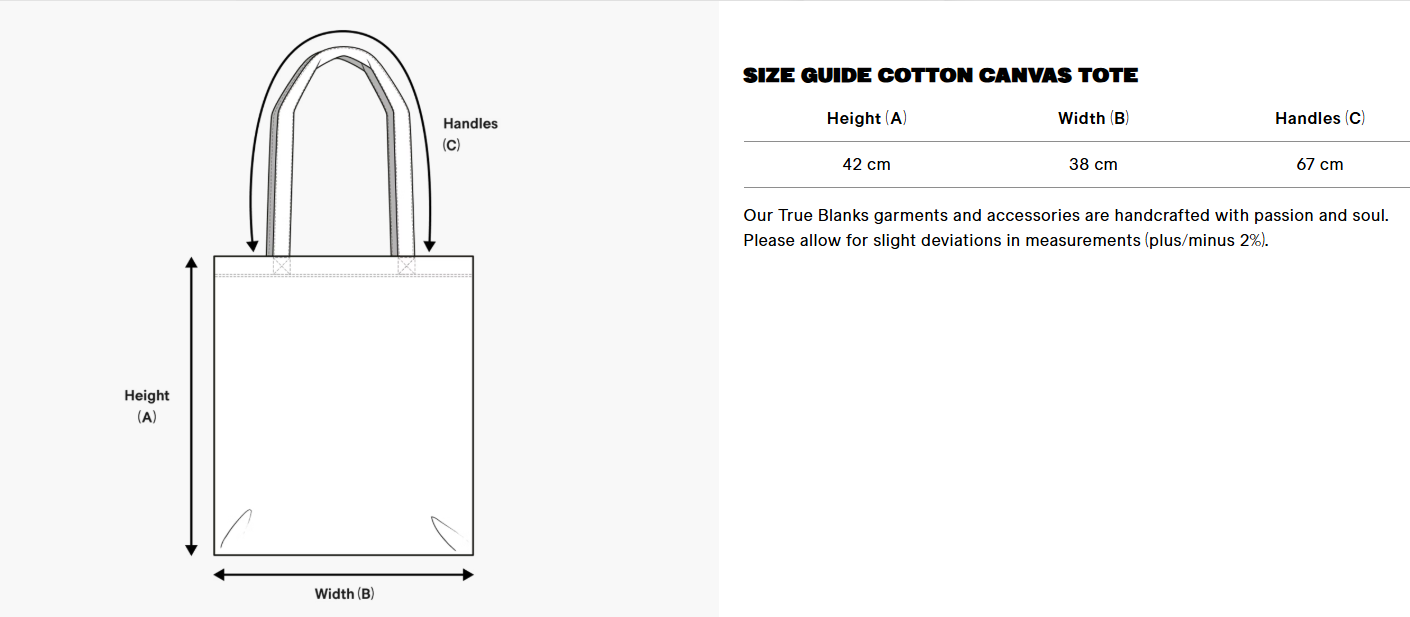 Measurement chart for a cotton canvas tote bag with dimensions labeled.